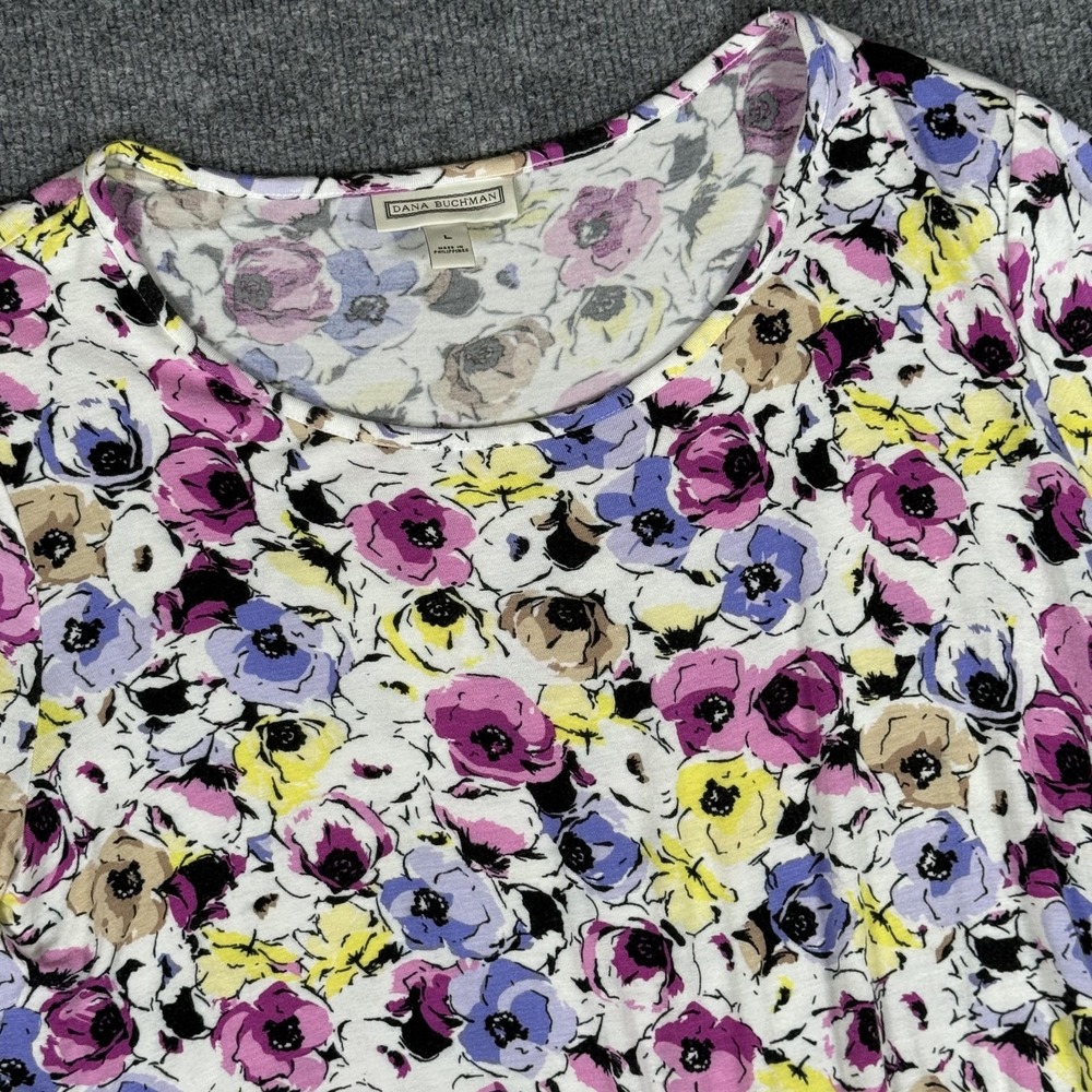 Dana Buchman Shirt Large Colorful‎ Floral Print Tie Front 3/4 Sleeve Rayon Top